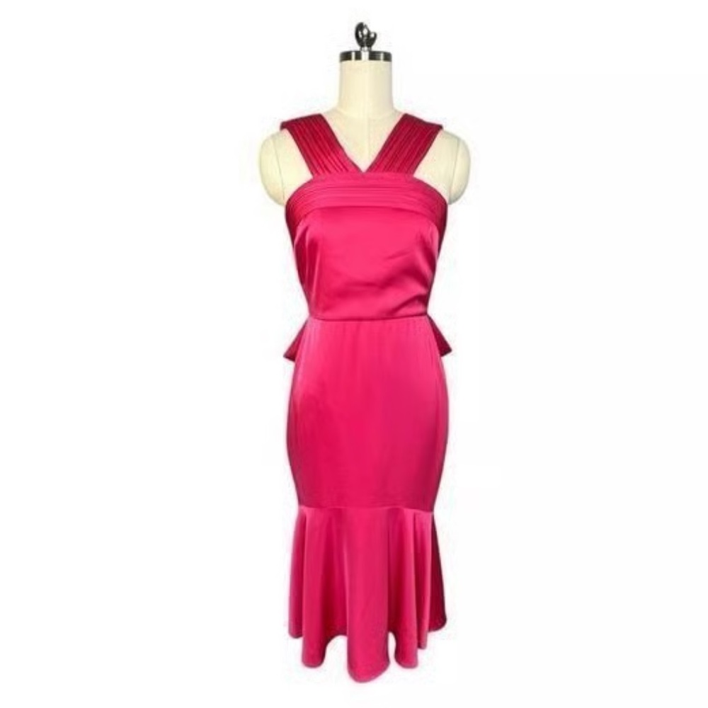 Theia Fuschia Satin Pleated Neck Bow Back Midi Cocktail Dress